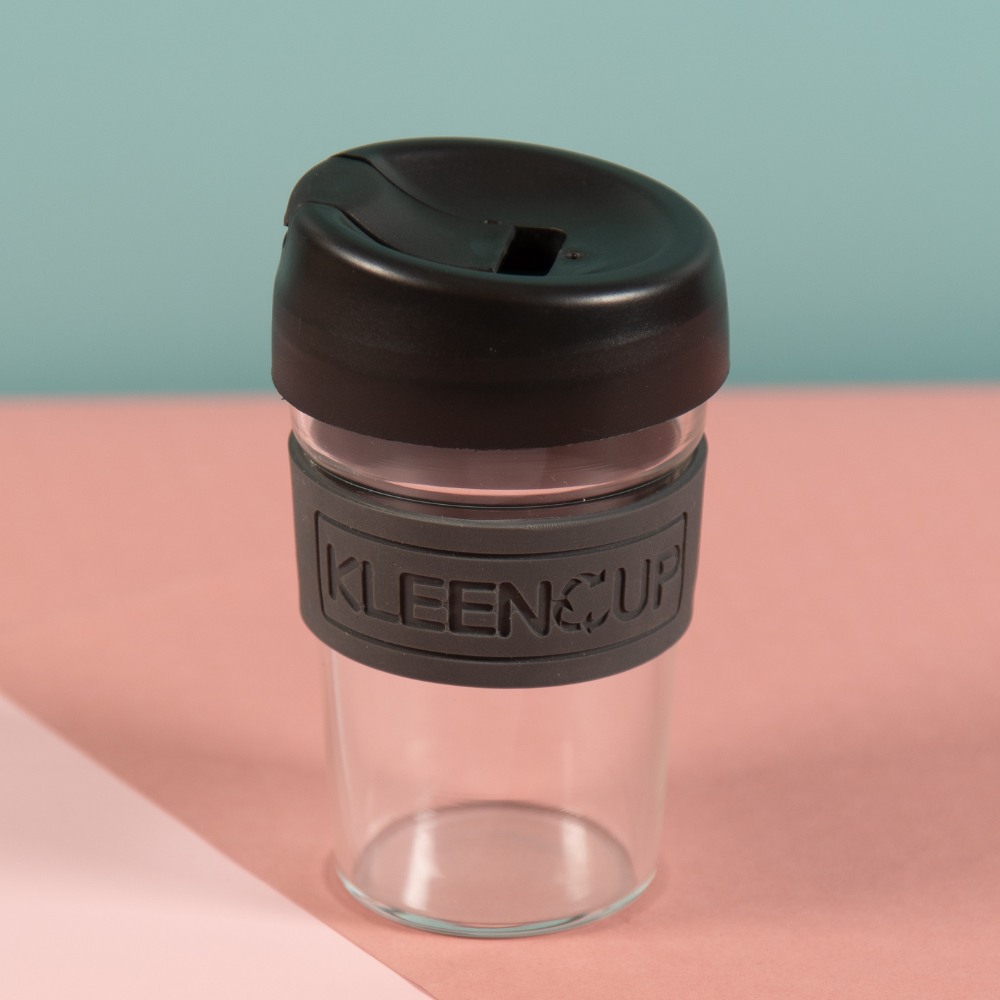 Kleencup Glass Coffee Cup 375 ml - Black | Borosilicate Glass Tumbler with lid