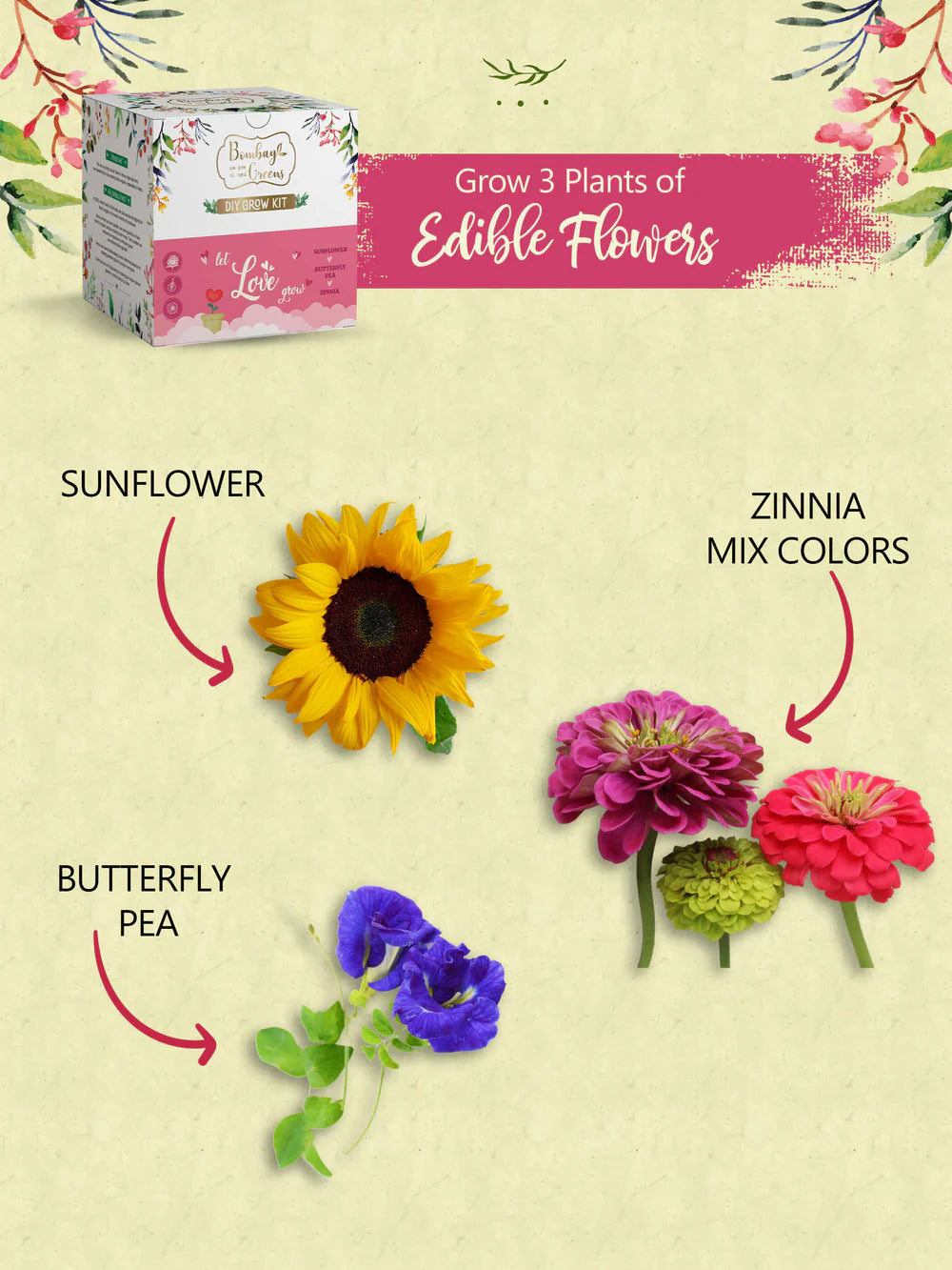 Edible Flowers Kit - Sunflower, Zinnia, Butterfly Pea