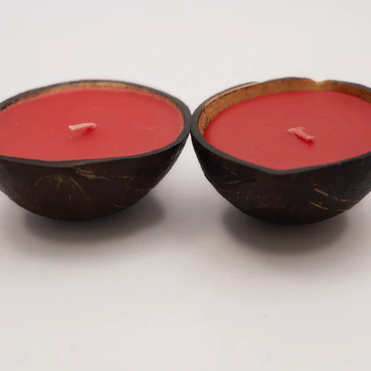 Thenga Coconut Shell love Candles/Diya - Red ( Set of 2 )