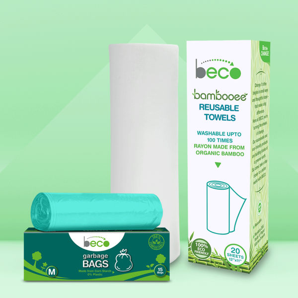 Beco Kitchen Care Bundle- Bamboo Kitchen Towel Roll (20 Sheets) & Compostable Garbage Bags(15 Pieces)