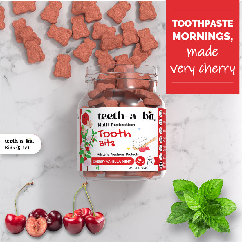 teeth-a-bit Kids Multi-Protection Cherry Vanilla Mint Tooth Bits, SLS Free, Plant Based Kids (5-12 Years)(60 Count)