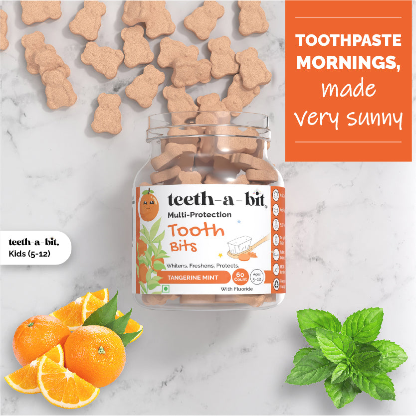teeth-a-bit Kids Multi-Protection Tangerine Mint Tooth Bits, SLS Free, Plant Based Kids (5-12 Years) Toothpaste Tablets (60 Count)
