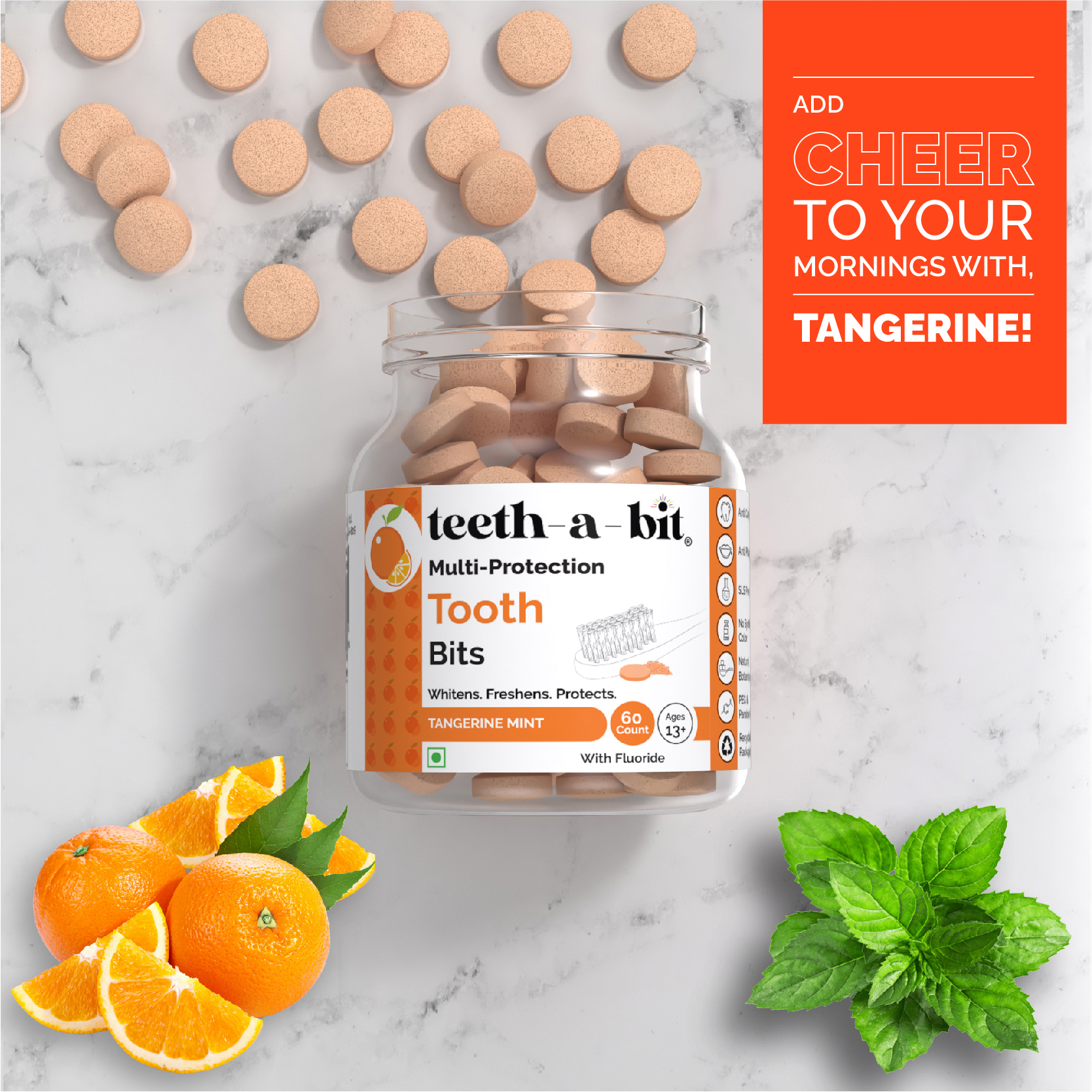 teeth-a-bit Multi-Protection Tangerine Mint Tooth Bits, SLS Free Plant Based Toothpaste Tablets (60 Count)