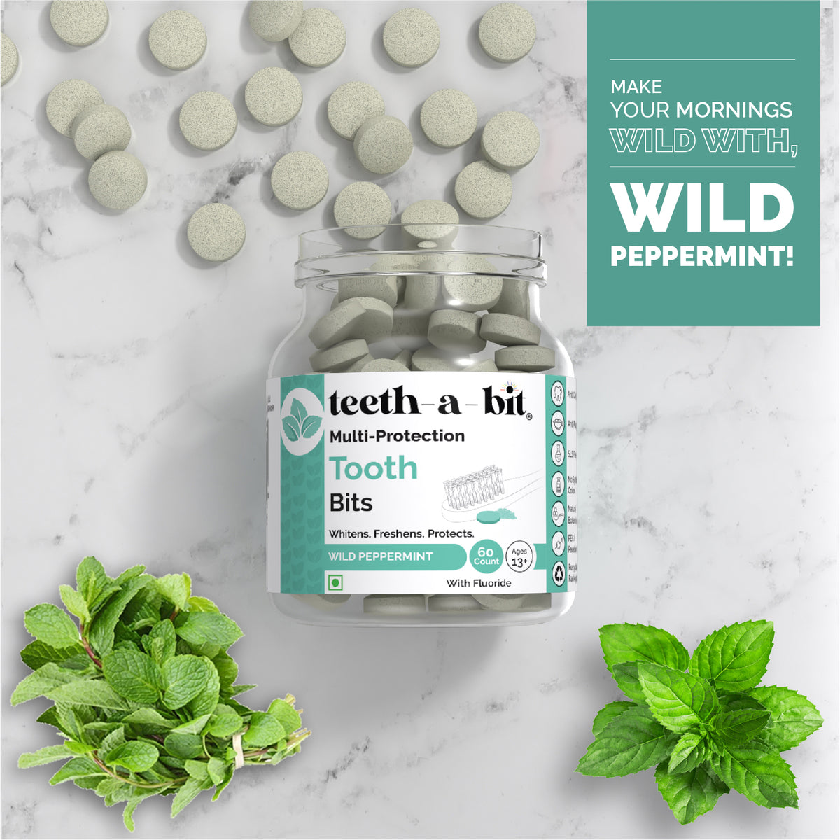 teeth-a-bit Multi-Protection Wild Peppermint Tooth Bits, SLS Free Plant Based Toothpaste Tablets (60 Count)