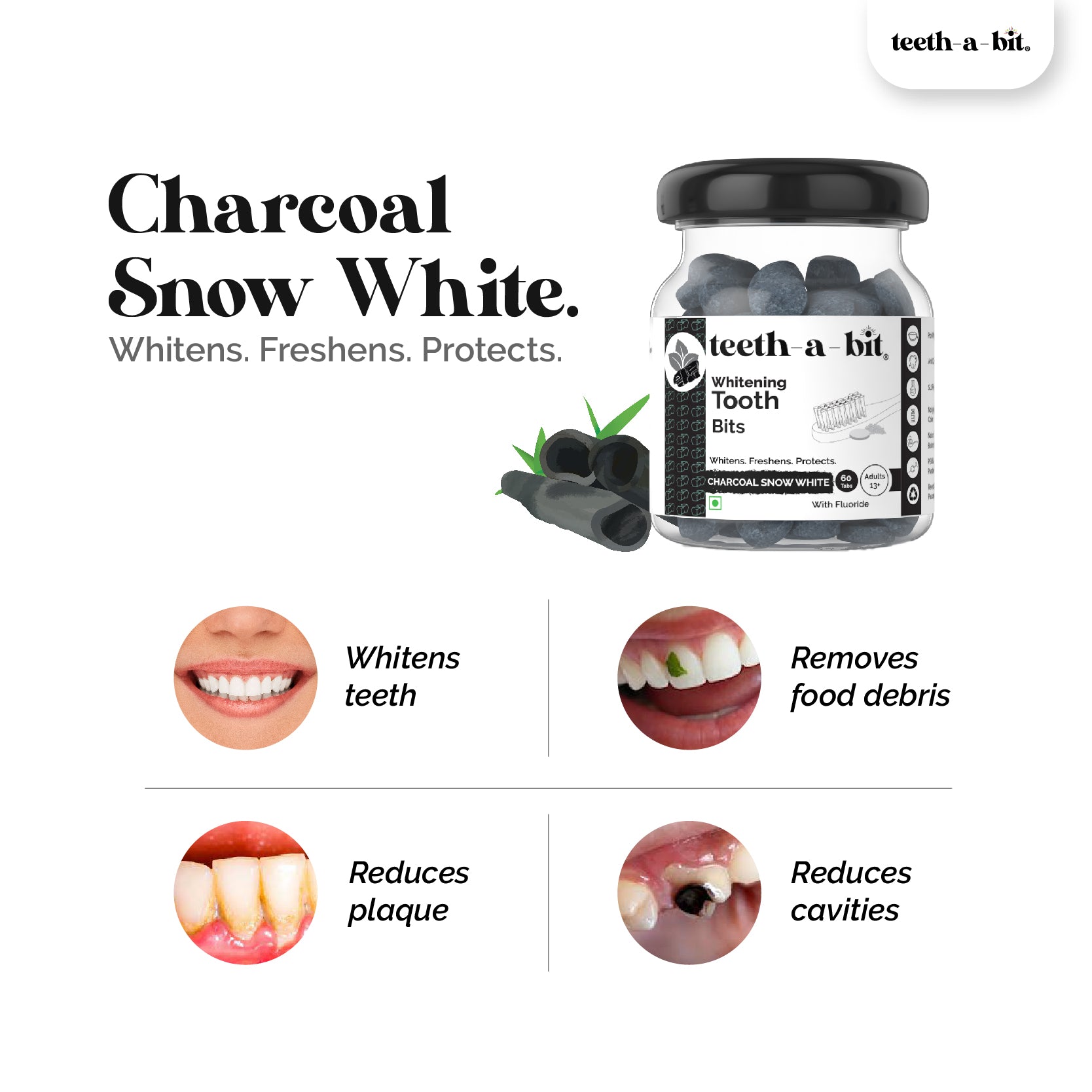 Whitening Bamboo Charcoal Tooth bits- plant-based, Enamel Safe, Stain Removal, SLS Free (60 Count)